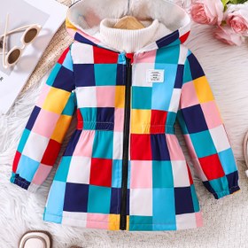 Resim Kız Çocuk Kışlık Rahat Kapüşonlu Ceket, Renkli Kareli Desenli 