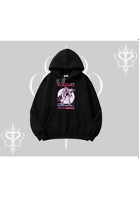 Resim Kapşonlu Sweatshirt Kawaii Cyberpunk Kız Japon Stil Baskı Siyah 