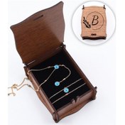 Resim Kişiye Özel Ahşap Kutulu Nazar Boncuklu Gold Renk Kolye & Bilekli Çok Renkli 