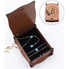 Resim Kişiye Özel Ahşap Kutulu Nazar Boncuklu Gold Renk Kolye & Bilekli Çok Renkli 