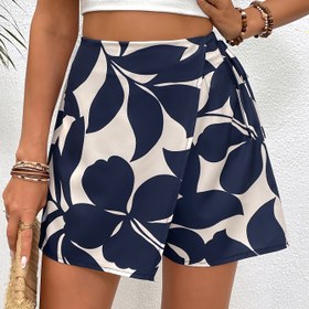 Resim Kadınlar İçin Lacivert ve Bej Çiçek Desenli Esnek Bel Kısa Şort – Yazlık Günlükten Şık Makinede Yıkanabilir Şeffaf Olmayan Zarif Pijama 
