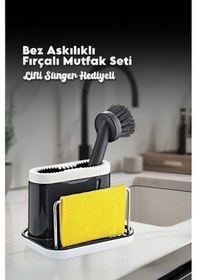 Resim Grimorlife Fırçalı Telli Mutfak Seti Siyah- Standlı Plastik Mutfak Lifli Sünger Hediyeli Siyah 