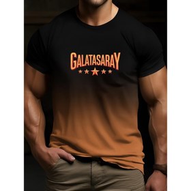 Resim Erkekler için Türkiye Fan Tişörtü - Galatasaray Gradyen Baskı, Takım Amblemi ve Sponsorlar ile Rahip Yuvarlak Yaka Kısadır Kol Spor Etkinlikleri İl 