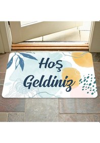 Resim Dijital Baskılı Hoş Geldiniz Yazılır Desenli Dekoratif Dış Kapı Önü Ve Iç Mekan Paspası Yıkanabilir Mavi 