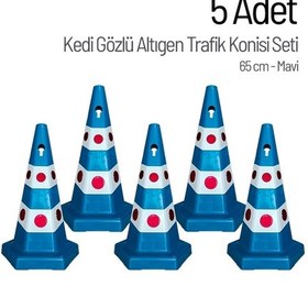 Resim 5 Adet Kedi Gözlü Mavi Altıgen Trafik Konisi 65 Cm Trafik Dubası Seti-3537 