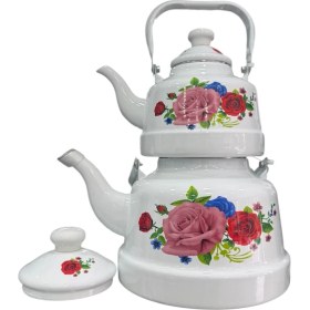 Resim Ebru Metal Nostaljik Emaye Çaydanlık Takımı 16/22 (Çok Büyük Boy) 