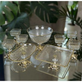 Resim ÇNR Home Collection PAŞABAHÇE GOLD DETAYLI METAL AYAKLI SENUM & SERVİS SETİ PASTA, MAGNOLİA, KURABİYELİK 