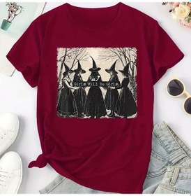 Resim Snapbuykız Cadı Orman Baskılı Spor T-shirt - Yazlık Kısa Kollu Gevşek Kesimbordokadın Bordo 