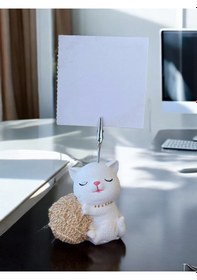 Resim Açık Altın Yumaklı Oturan Kawaii Kedi Temalı Not Tutacağı Fotoğraf Tutacak Tutucu Ofis Hediyelik Şampanya 