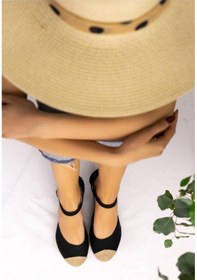 Resim Star Tombis Gerçek Elişi Burnu Hasırlı Keten Siyah Espadril Dolgu Topuk Handmade Siyah 