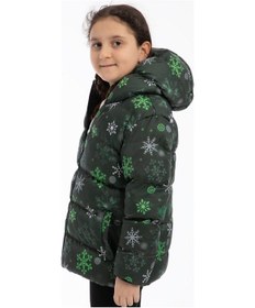 Resim Spor Kız Çocuk Dijital Desen Polar Su Ve Rüzgar Geçirmez Kapüşonlu Şişme Kışlık Mont-199 YESIL 