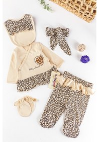 Resim Babymod Leopar Baskılı 5 Parça Kız Bebek Hastane Çıkışı Bebek Takımı Krem 