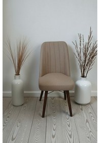 Resim Nora 1 Adet Sandalye - Keten Kumaşlı Sandalye Modern Ahşap Ayaklı Yemek & Çalışma Sandalyesi Minimal Tasarım Cappuccino 