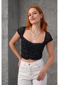 Resim Defymoda Puantiyeli Belden Oturtmalı Tül Siyah Bluz Siyah 