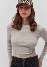 Resim Grey Long Sleeve Crop Basic T-Shirt - Grey / M 