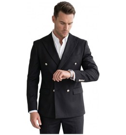 Resim Deep Sea Deepsea Erkek Siyah Slim Fit Kruvaze Takım Elbise Likralı Çizgili Dokulu Metal Düğmeli 2600820 