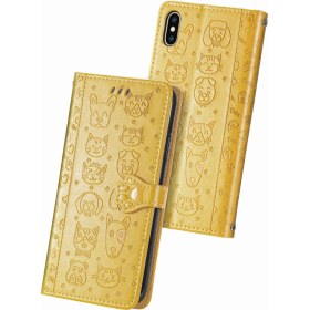 Resim Yihang Boutique IPhone Xs Max Için Vaka Cüzdan Kabartmalı Kapak Etui Housse Kedi Köpek Deseni - Sarı (Yurt Dışından) 