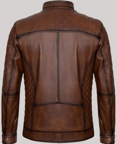 Resim Hakiki Kuzu Derisi Kahverengi Erkek Deri Mont Omuz Kol Işlemeli Deri Ceket Kahverengi 