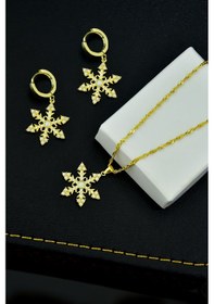 Resim Papatya Silver 925 Ayar Gümüş Gold Kaplama Singapur Zincir Opal Kar Tanesi Kadın Kolye ve Küpe Set 