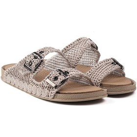 Resim Kadın Bej Hasır Terlik Örgü Dantel Nakış İşlemeli Triko Yazlık Tatil Ev Günlük Terlik Bej 