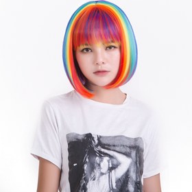 Resim Kadınlar için Canlı Gökkuşağı Bob Peruk - Yapıştırıcısız, Yüksek Sıcaklıkta Sentetik Lif, Düz Renkli Kısa Saç ile Perçem, Cosplay & Moda İfadeleri için Mükemmel, Peruk Aksesuarları 