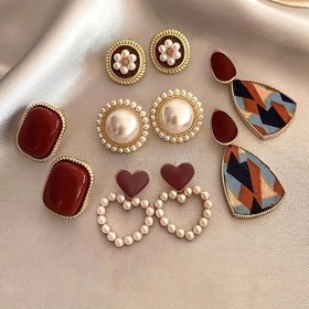 Resim 5 Adet Minimalist Retro Oymalı İki Tonlu Lüks Eşarp Küpe Seti, Geometrik ve Çiçek Desenli - Günlük Kıyafetler, Partiler, Sevgililer Günü Doğum Günü Hediyesi İçin Mükemmel 