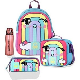 Resim United Colors of Benetton Gökkuşağı Temalı Anaokulu Çanta Seti ( Çanta - Beslenme - Kalemlik - Kırmızı Matara ) 