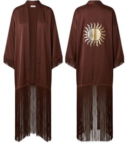Resim Auréline Kahverengi Saten İpek Püsküllü Kimono - M/L 
