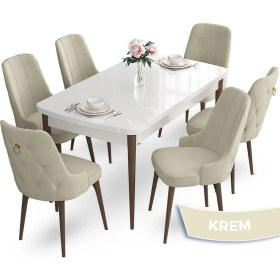 Resim Canisa Concept Nev Serisi 80 x 132 cm Açılabilir Beyaz Masa Ceviz Ayak Masa Takımı 6 Sandalye Gold Halkalı 