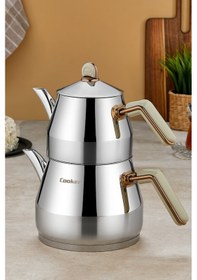 Resim Everest 18/10 Paslanmaz Çelik Jumno Boy Çaydanlık 2 L Demlik 3,25 L Alt Hazne Krem 