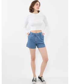 Resim Kadın Yüksek Bel Cepli Mavi Jean Şort mavi 