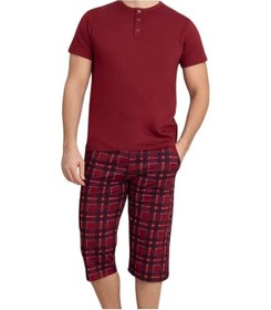 Resim Guava Erkek Bisiklet Yaka 3 Düğmeli Ekose Desen Modal Kısa Kol Cepli Kapri Pijama Takımı Bordo 