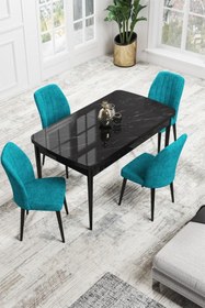 Resim Canisa Concept Rio Serisi, 80x132 Mdf Siyah Mermer Desenli Açılabilir Mutfak Masa Ve 4 Turkuaz Sandalye Takımı 
