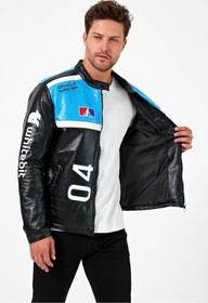 Resim Black Level Erkek Oversize Puf Deri Yarışçı Ceket Kolej Mont Baskılı Fermuarlı Bomber Mont 