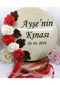Resim 32 Cm Çiçek Süslemeli Kurdelalı Deri Tef Isim Baskılı 