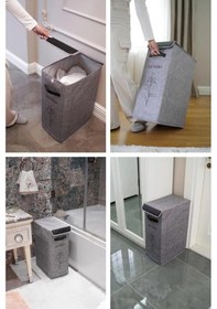 Resim Flosoft Deri Detaylı Kapaklı Keçe Çamaşır Sepeti, Çok Amaçlı Çamaşır Oyuncak Saklama Kutusu Gri 