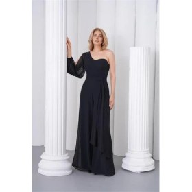 Resim Neşeli Butik Kadın Siyah Tek Kol Astarlı Tül Kumaş Tasarım Abiye Tulum NBS9389 