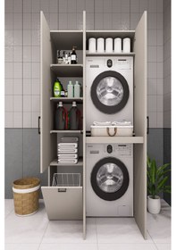 Resim Mdf Çamaşır Makinesi Ve Kurutma Makinesi Dolabı Sepetli Kapaklı Kumbeji Kumtaşı 