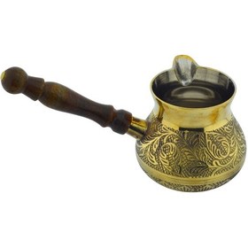 Resim Pirinç El Yapımı Dekoratif Özel İşlemeli Ahşap Saplı Sarı 250ml Cezve No2 