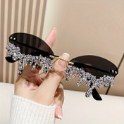 Resim Parlak taşlı, çerçevesiz, moda, yırtık şeklinde gözlükler - Anti-Reflektif Lensler, Metal Çerçeve, Partiler ve Rahat Kıyafetler için Zarif Kadın Göz Aletleri, Parti Göz Aletleri, Dayanıklı Göz Aletleri 