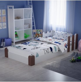 Resim Tuliplife Montessori Karyola Beyaz Rustik Ceviz 90x190 Yatak Uyumlu Oval Kesim Çocuk Yatağı 