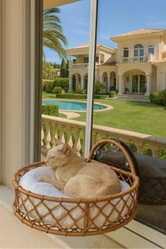 Resim Tasaryum Kedi ve Köpek El Örgüsü Vantuzlu Cam Yatağı, Kedi Hamağı Kahve 