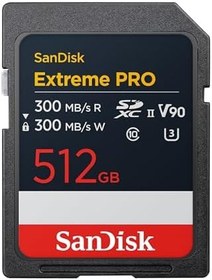 Resim SanDisk Extreme PRO 512 GB SDXC UHS-II kart, 300 MB/sn'ye kadar okuma hızı ve yazma hızı, V90,8 K kartın profesyonel performans verileri 8K videoların kaydedilmesini sağlar 