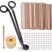 Resim Ahşap Mum Fitili Seti, 100 adet Ahşap Mum Fitili ve 100 adet Demir Stand, Ahşap Mum Fitili 12.95 x 1.27 cm Dumanı Olmayan Doğal Ahşap Fitiller, Mum Fitili Kesici ile DIY Mum Yapımı için 