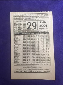 Resim 29 Ekim 2001 Takvim Yaprağı - Nostalji Koleksiyonluk Takvim Yaprağı 