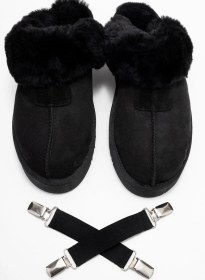 Resim Olessa Siyah Hakiki Deri Süet Kadın Kürklü Terlik Siyah Süet Siyah 