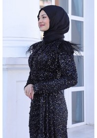 Resim Raika Moda Parıltılı Kol Tüy Detaylı Şura Tesettür Büyük Abiye Siyah 