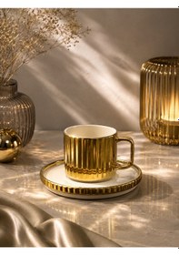 Resim 2 Kişilik Porselen Çizgili Modern Kahve Fincanı Takımı Seti 100ml Gold 