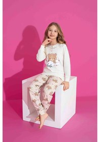 Resim Kız Çocuk Ayıcık Desenli Uzun Kollu Pijama Takımı-936 KREM 