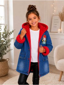 Resim Burçak Butik Kız Çocuk Kapüşonlu İçi Peluş Kürklü Kot Mont Kaban 